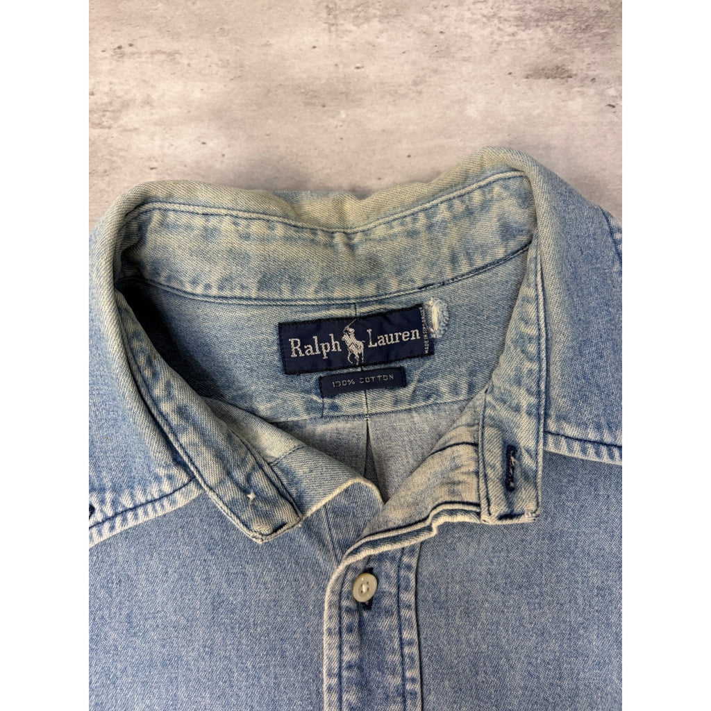Vintage Polo Ralphh Lauren Embroidered Pony Light Wash Button Up Shirt Size XL
