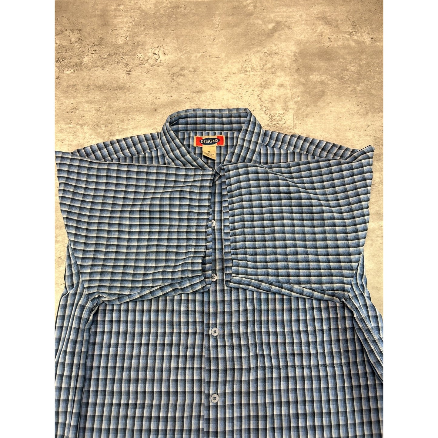Vintage Designs Single Pocket Plaid Cropped Button Up Shirt Size XL Blue