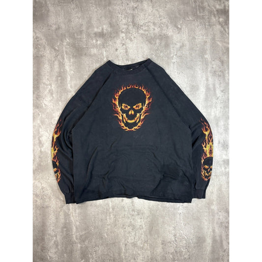 Vintage Y2K Flame Skull Sleeve Graphic Long Sleeve T-Shirt Size XXXL Black