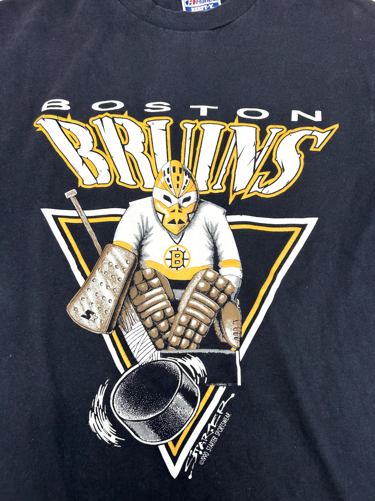 Vintage 1990 Boston Bruins NHL Goalie Graphic Hockey T-Shirt Size Medium 90s