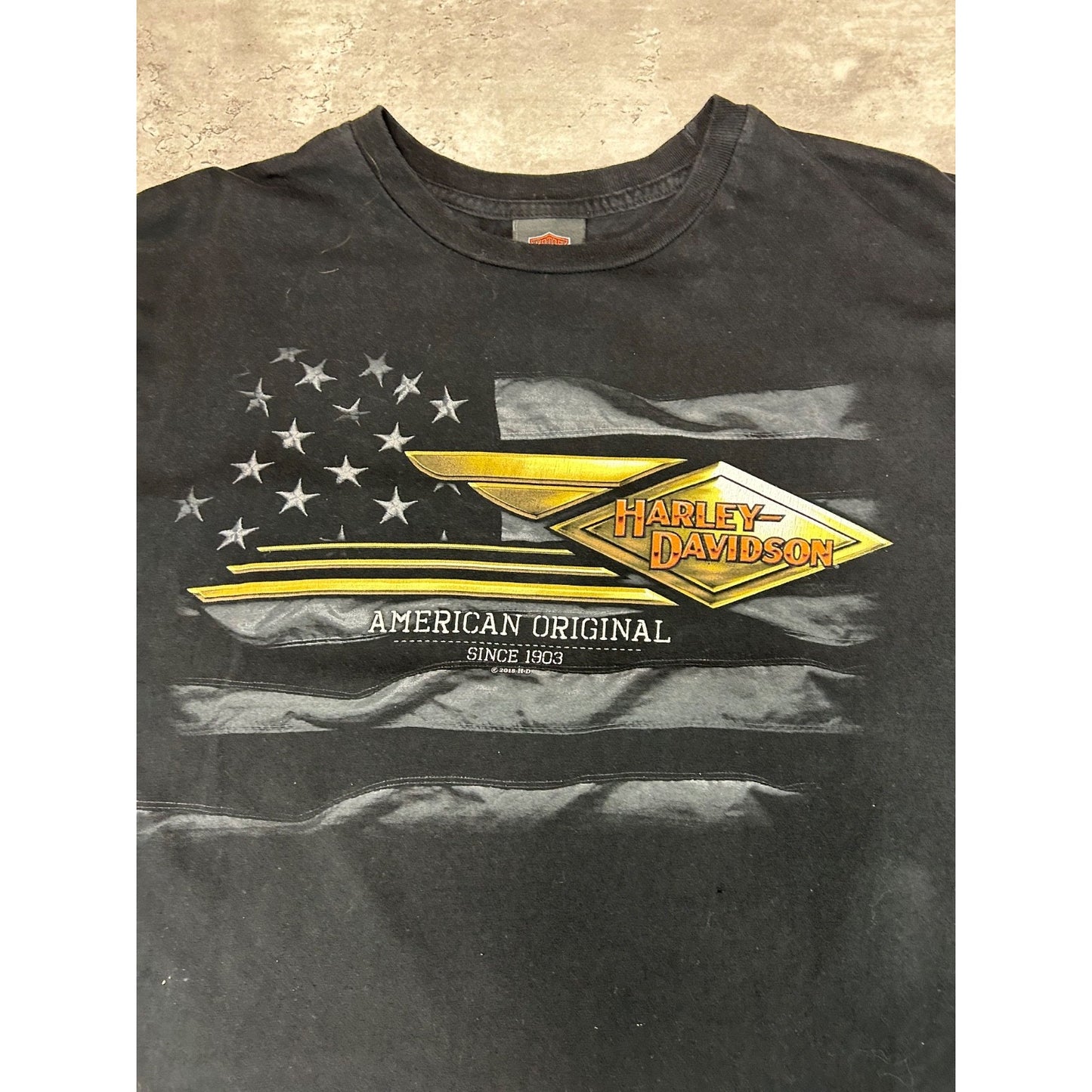 Vintage Harley Davidson American Flag Spellout Graphic Motorcycle T-Shirt Sz XL