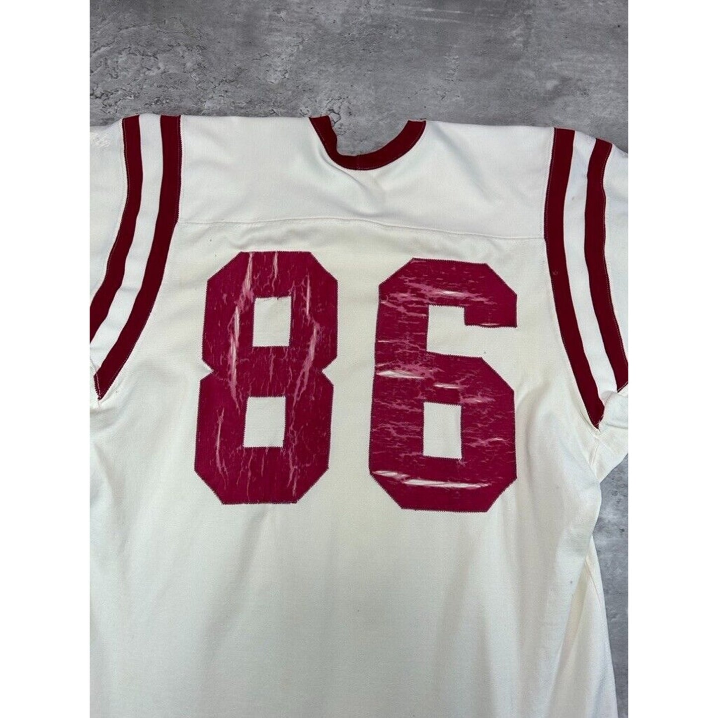 Vintage 1950s Powers #86 Two Tone Striped Football Jersey Size Large White/Red