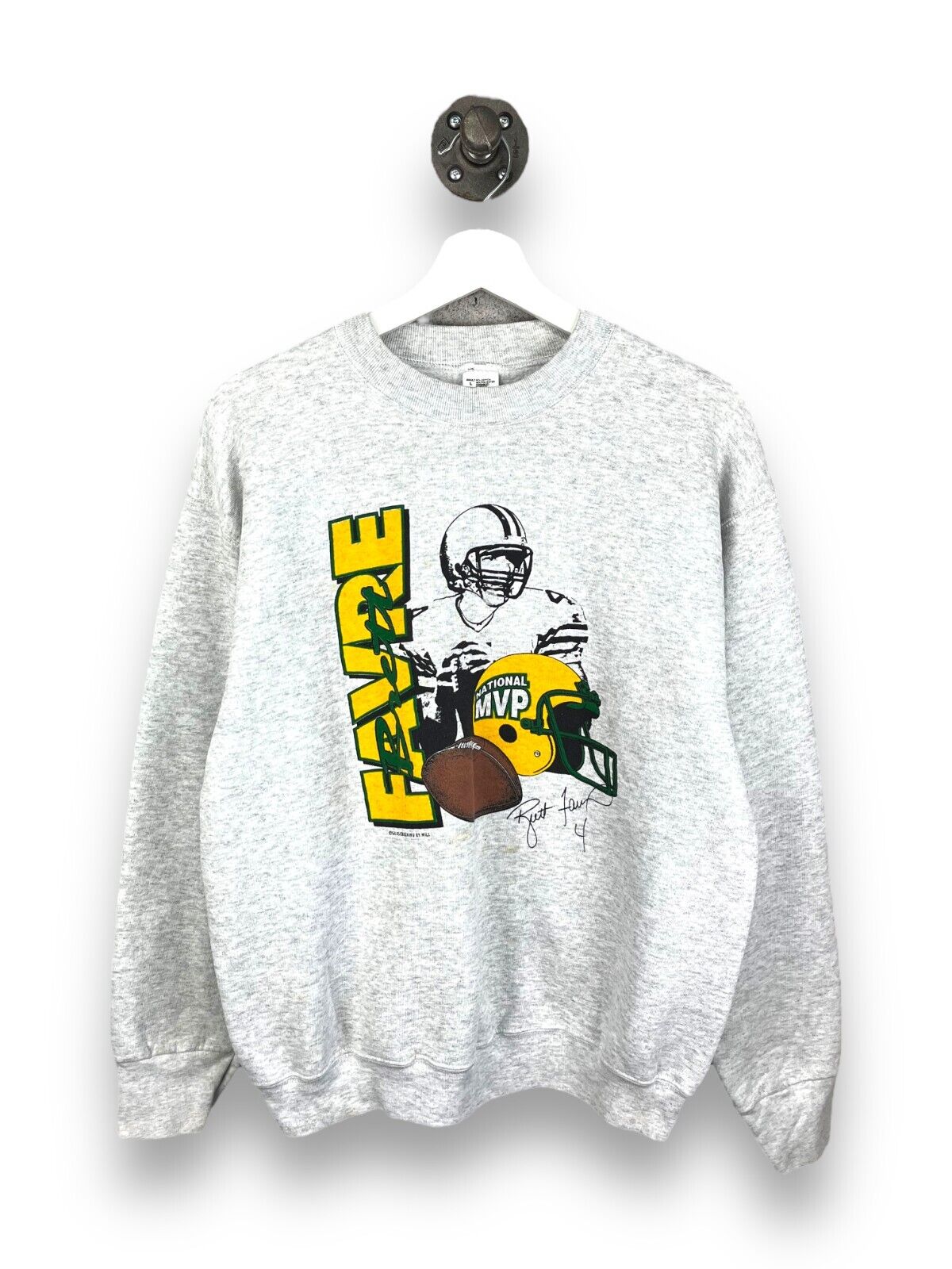 Vintage 90s Brett Favre #4 Green Bay Packers MVP NFL Sweatshirt Size Large Gray