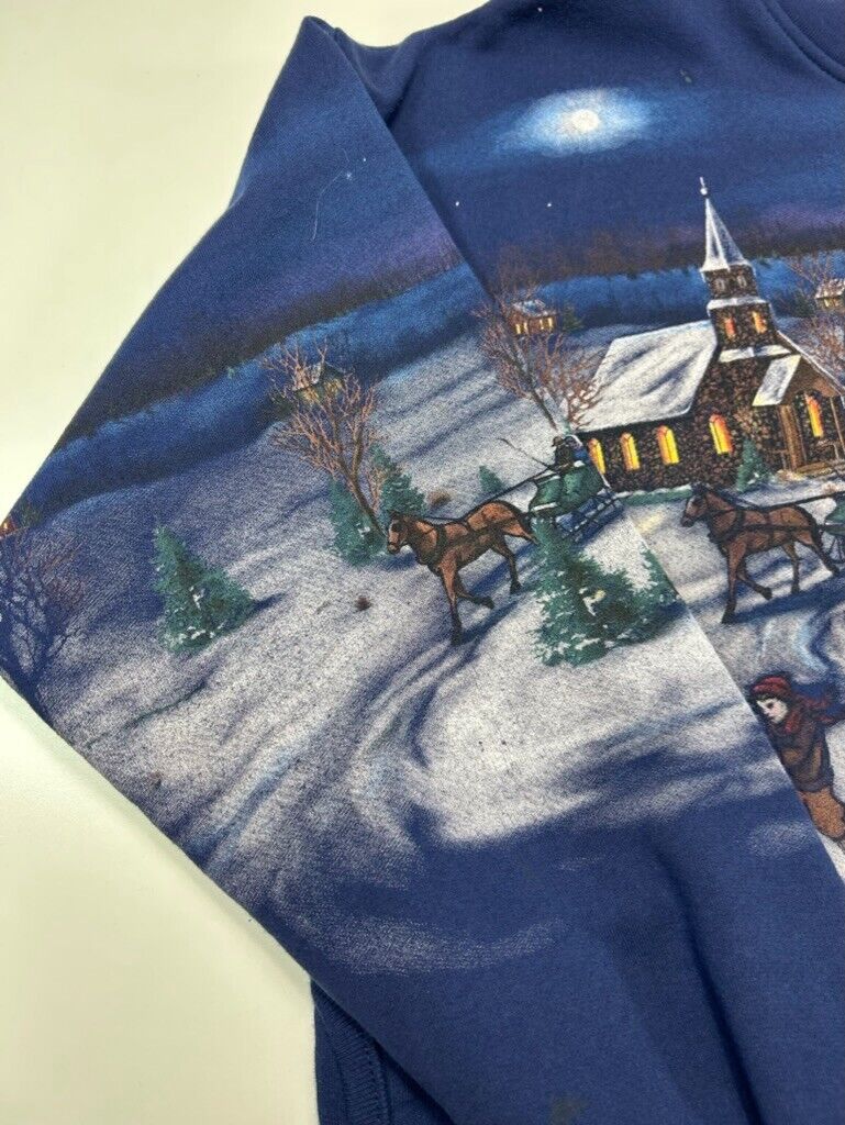 Vintage 90s Winter Village Landscape All Over Print Cardigan Sweatshirt Sz Large