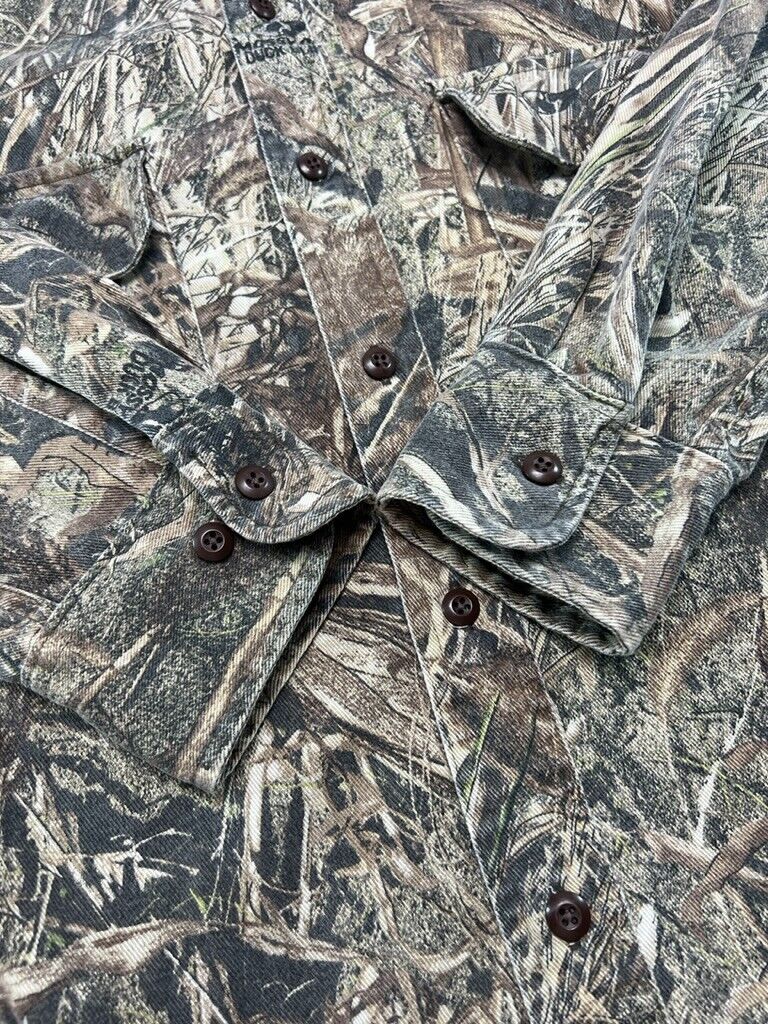 Cabelas Mossy Oak Duck Blind Camo Double Pocket Button Up Shirt Size Large