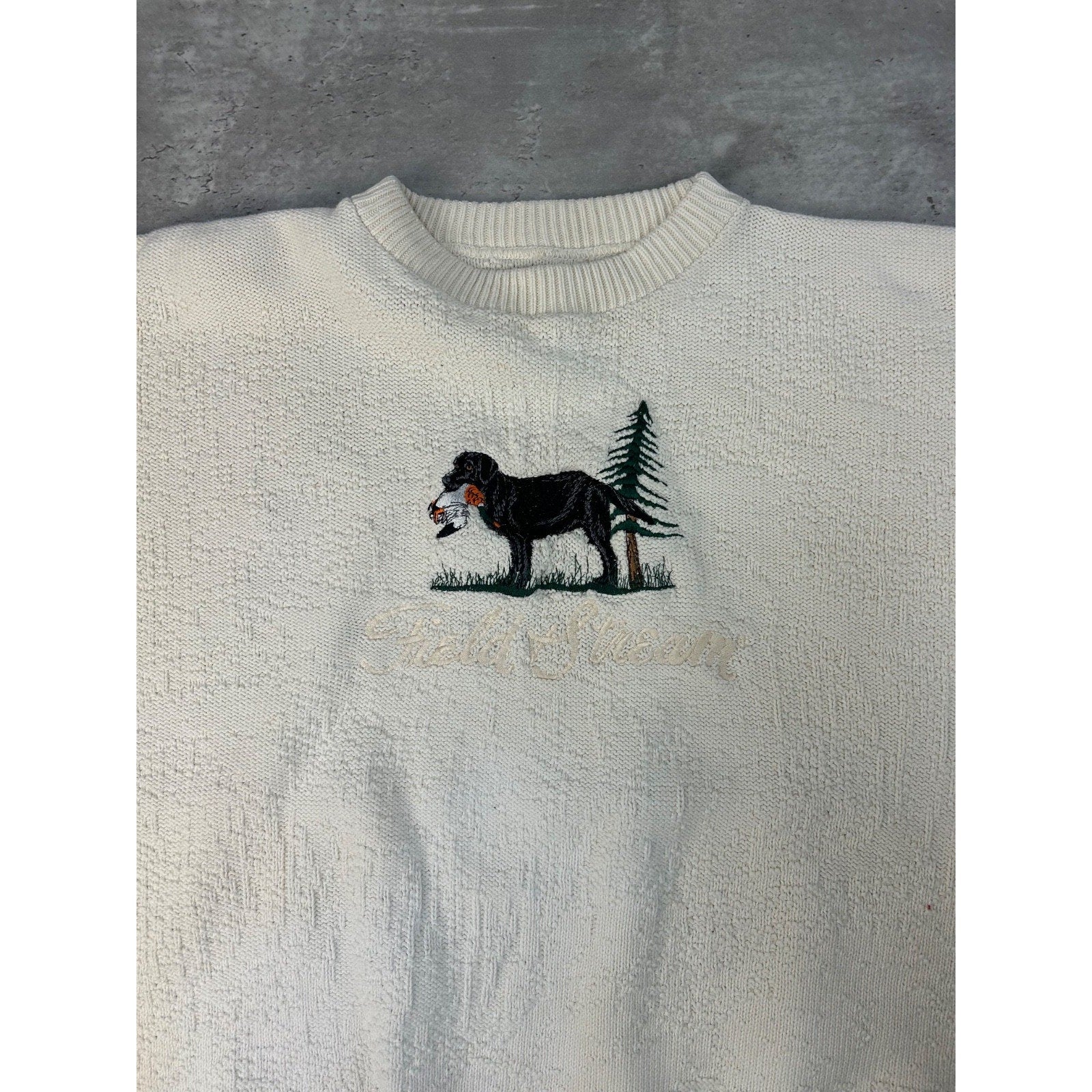 Vintage 90s Duck Hunting Dog Embroidered Graphic Knit Sweater Size Large
