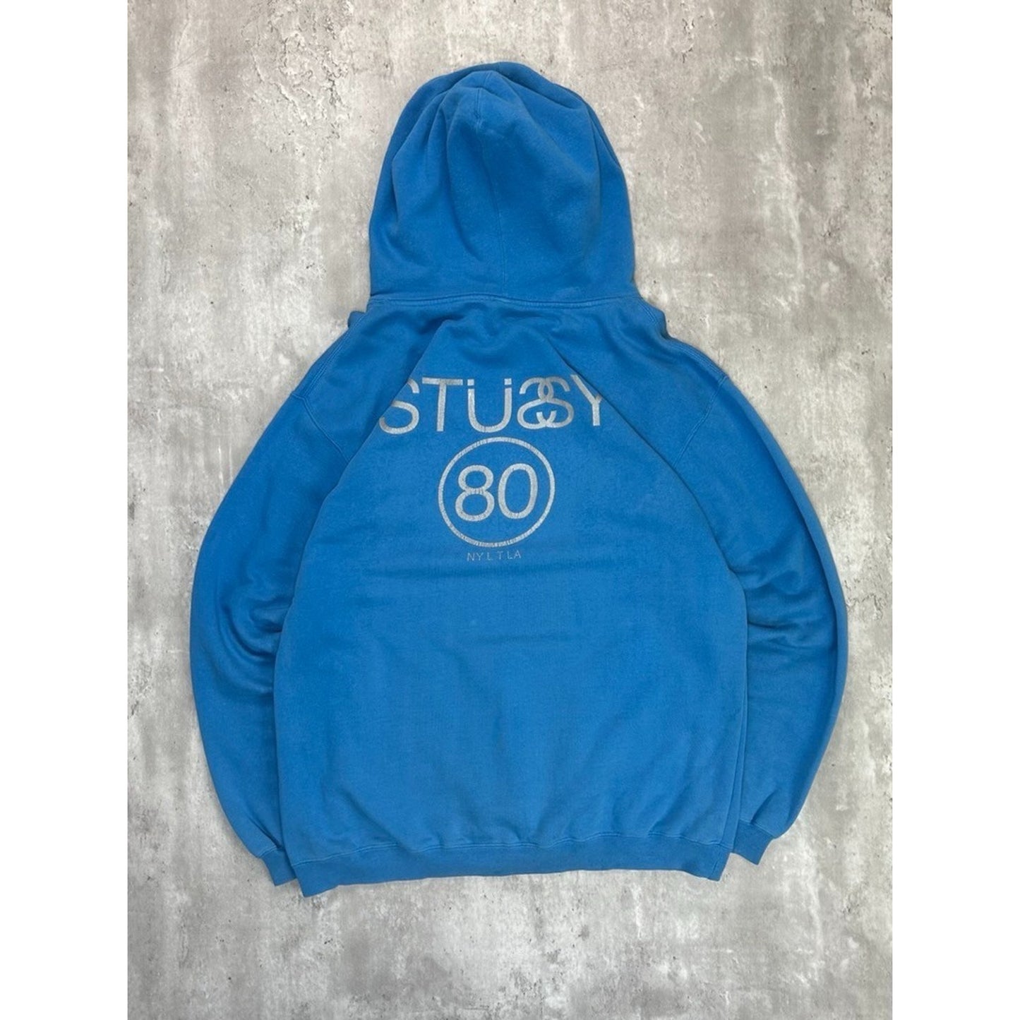Vintage 2000s Stussy 80 Spellout Graphic Hooded Sweatshirt Size XL Blue