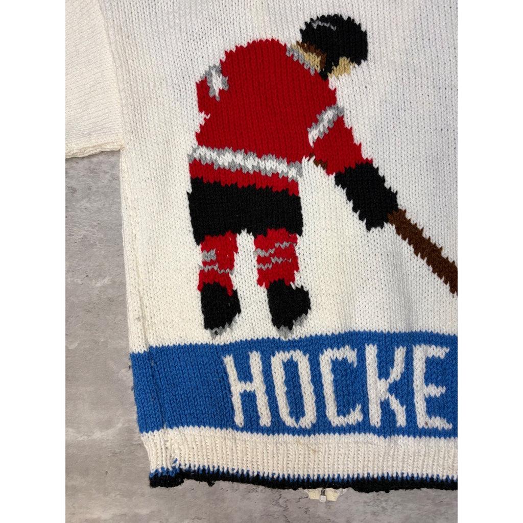 1970s He Shoots He Scores Hockey Graphic Knit Cardigan Sweater Size Medium