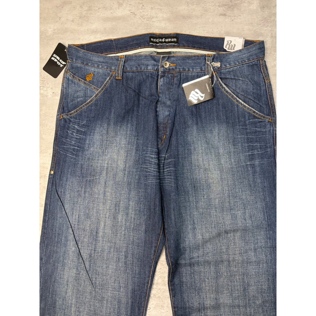 Vintage Y2K Rocawear Embroidered Pocket Dark Wash Denim Pants Size 40x34