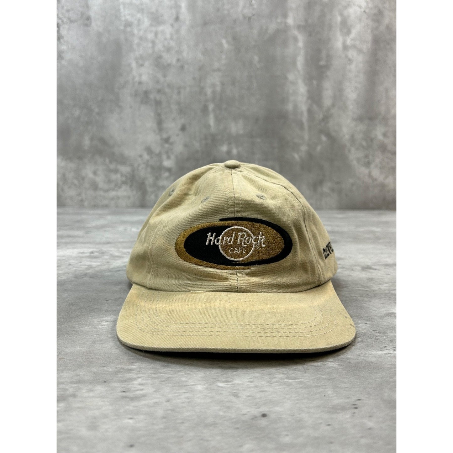 Vintage 90s Hard Rock Cafe Embroidered Logo Strapback Hat OSFA Beige