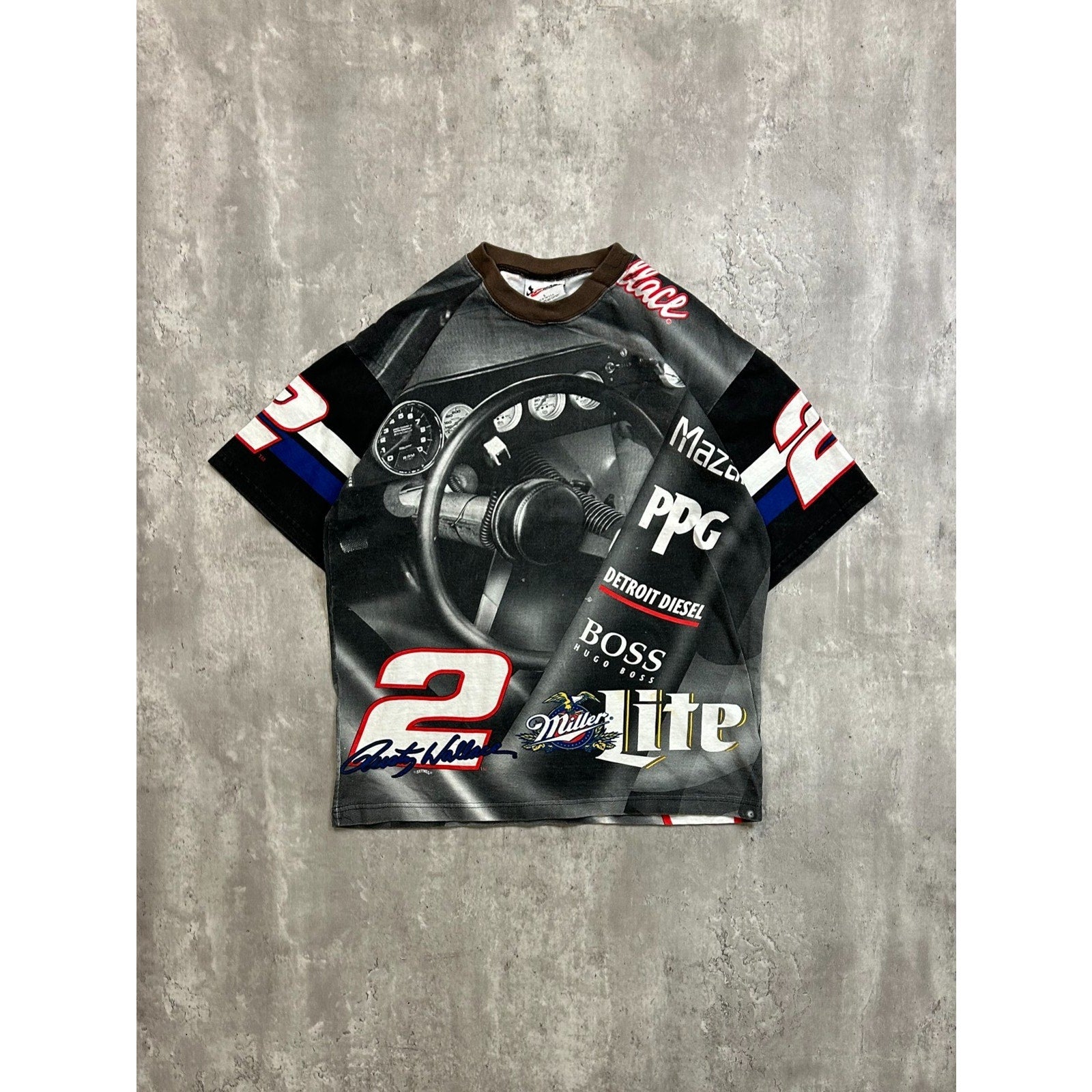Vintage 90s Rusty Wallace #2 Miller Lite Nascar All Over Print T-Shirt Sz Large