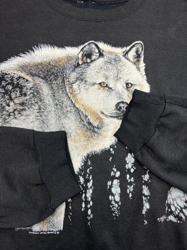 Vintage 1990 Wolf Nature Wilderness Graphic Crewneck Sweater Size 2XL Black 90s