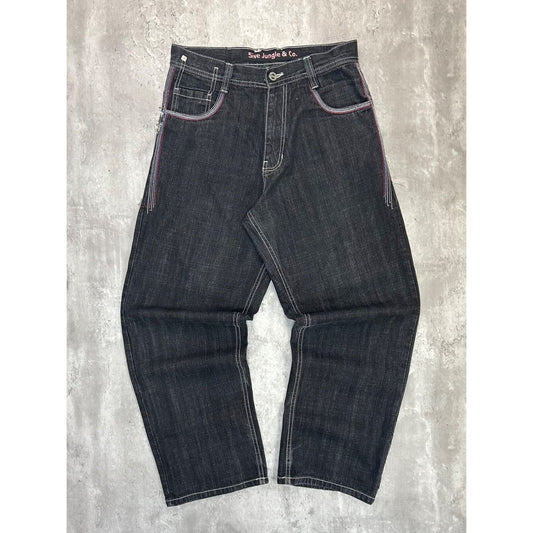 Vintage Y2K 5ive Jungle Black Wash Denim Embroidered Pocket Pants Size 33