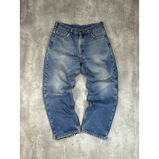 Vintage Carhartt Plaid Lined Medium Wash Workwear Denim Pants Size 34 Blue
