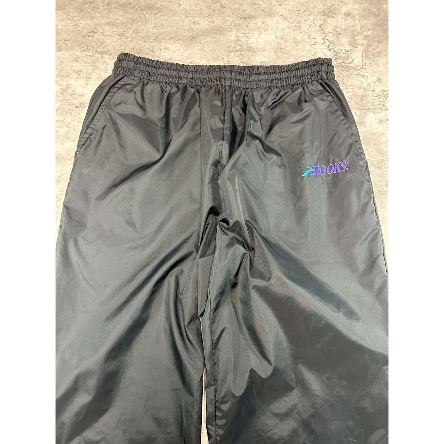 Vintage 90s Brooks Two Tone Embroidered Logo Nylon Track Pants Size Small Black