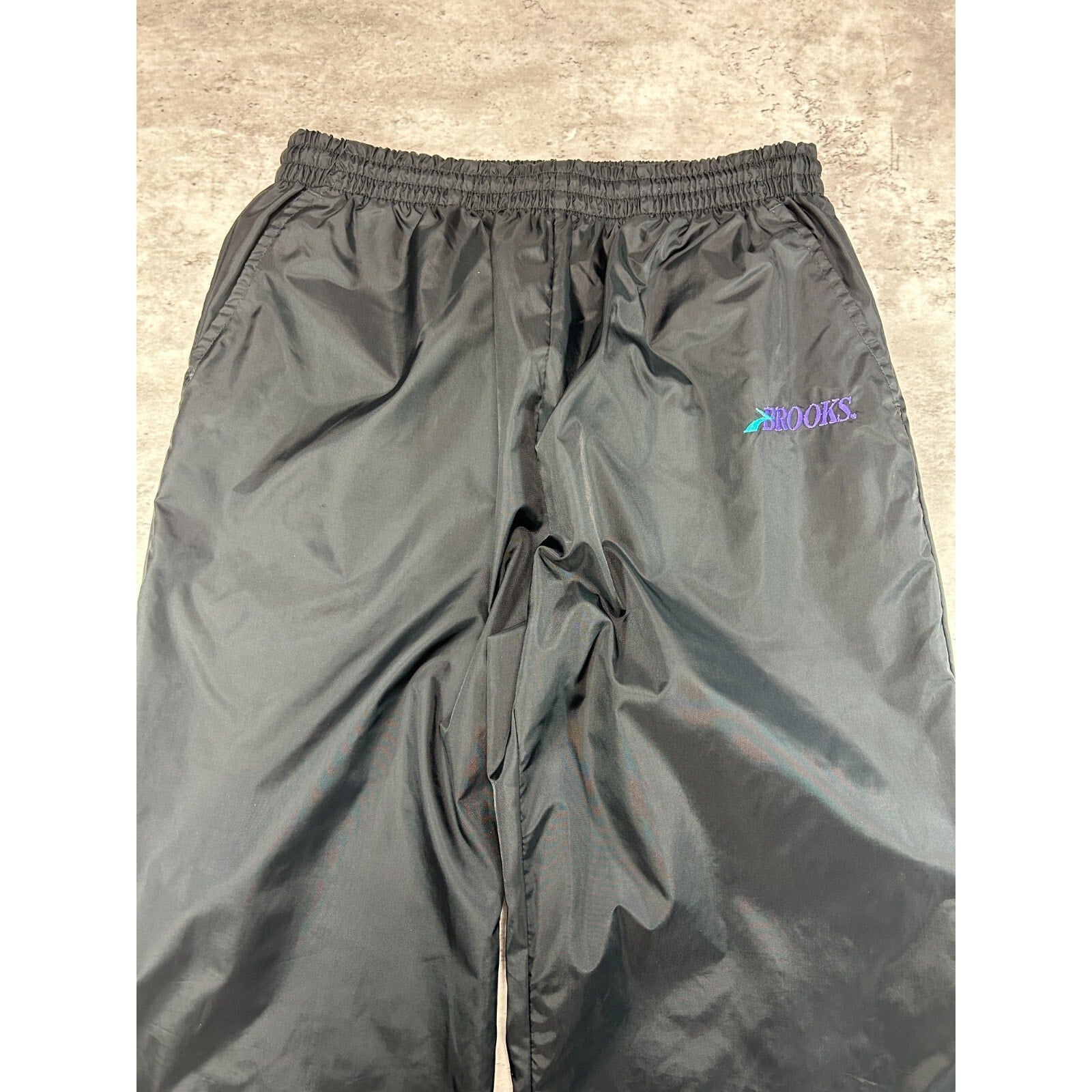 Vintage 90s Brooks Two Tone Embroidered Logo Nylon Track Pants Size Small Black