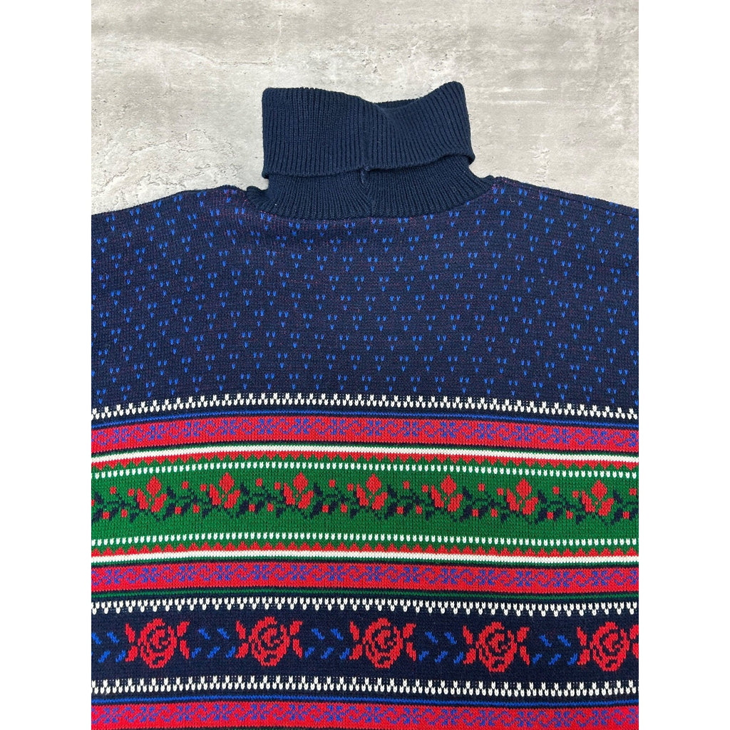 Vintage 90s Rose Striped Print Pullover Turtle Neck Knit Sweater Size Large