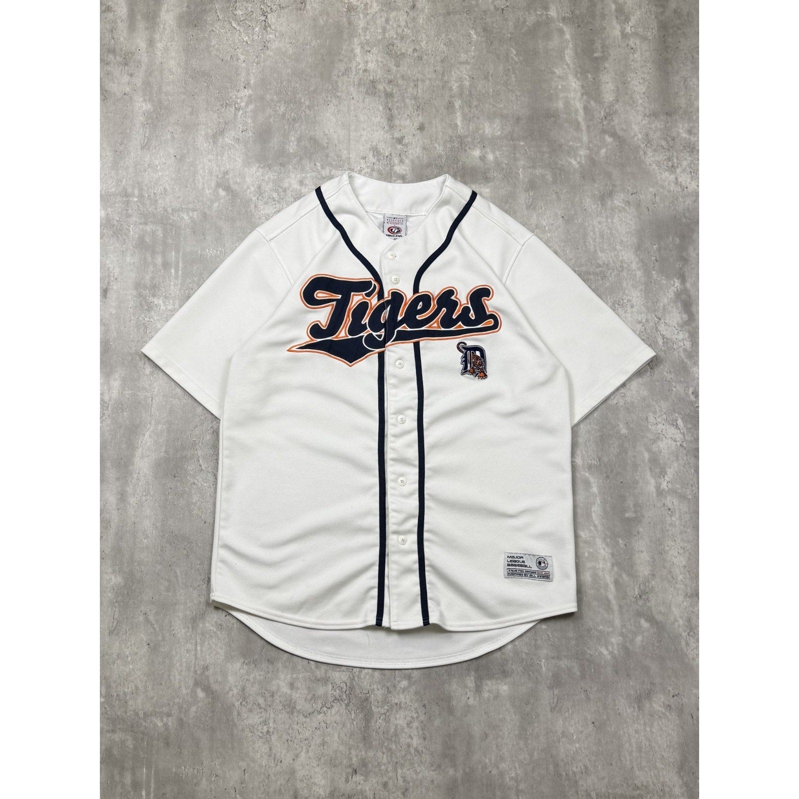 Vintage Detroit Tigers MLB Script Spellout Baseball Jersey Size Large