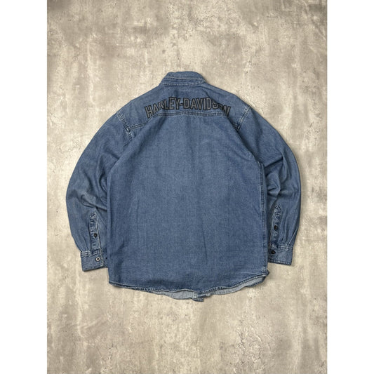 Vintage Y2K Harley Davidson Graphic Logo Denim Button Up Shirt Size Large Blue