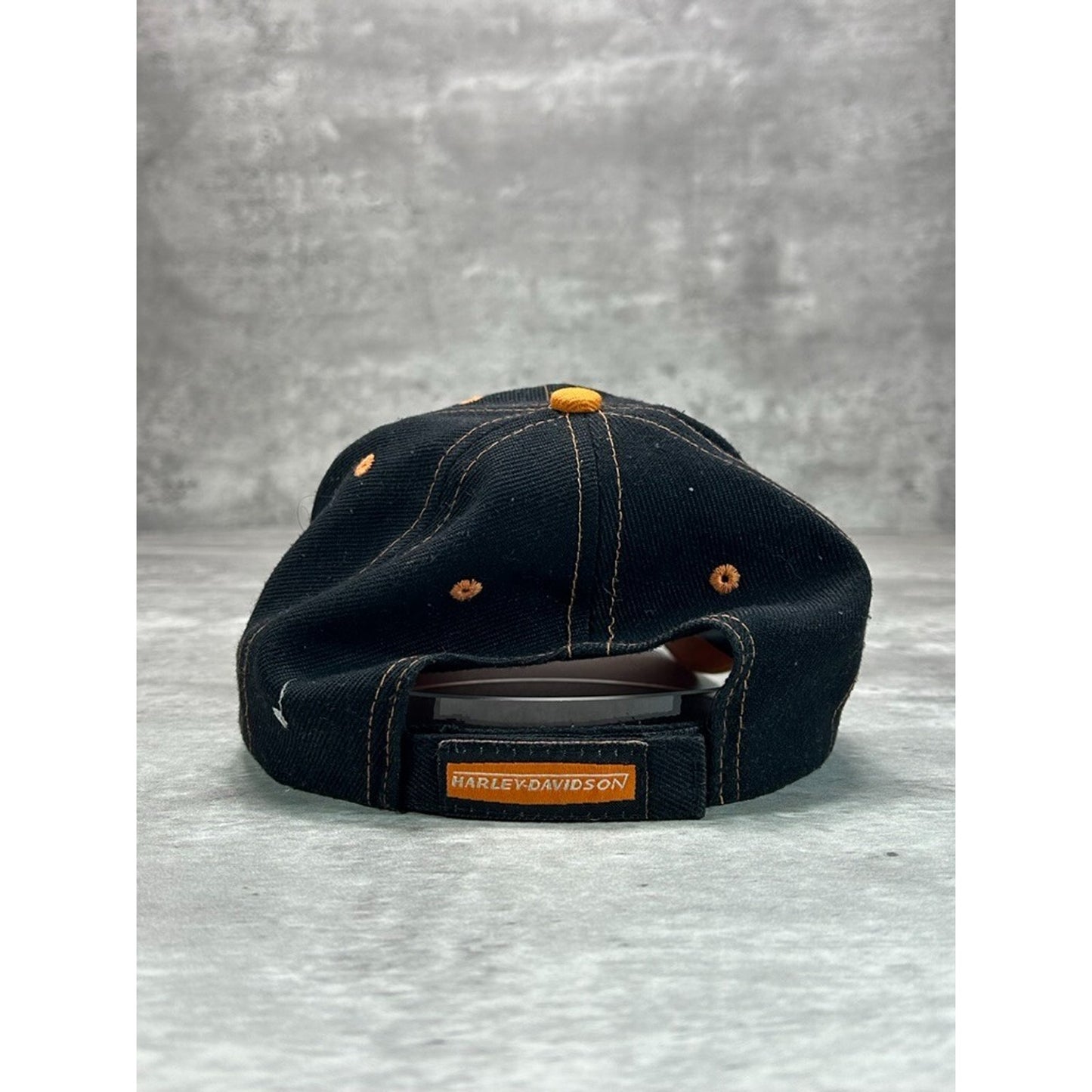 Vintage Harley Davidson Embroidered Logo Flame Brim Strapback Hat OSFA Black