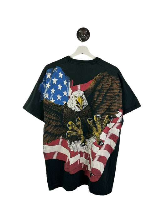 Vintage 90s Bald Eagle American Flag All Over Print Graphic T-Shirt Size XL