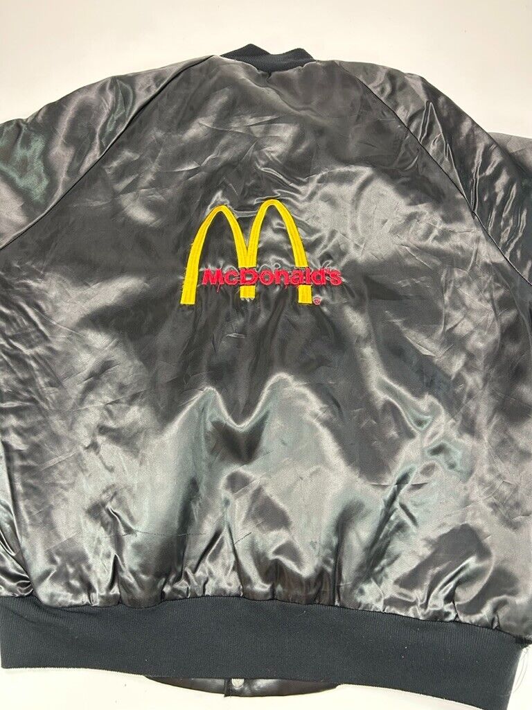 Vintage 80s McDonalds Embroidered Logo Satin Bomber Jacket Size Large