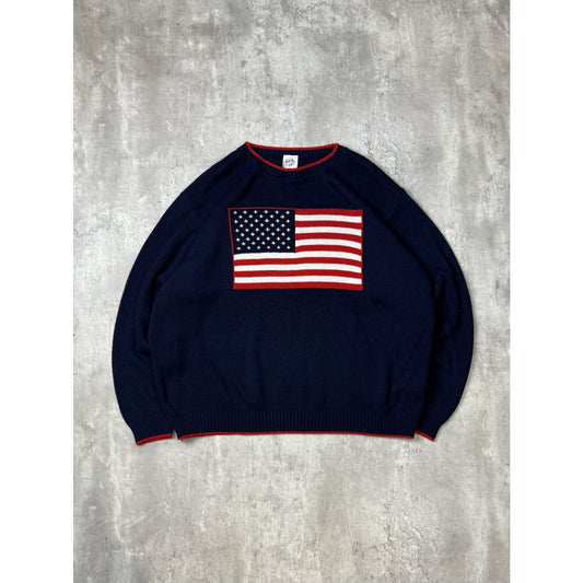 Vintage 90s American Flag Print Pullover Ribbed Knit Sweater Size XL