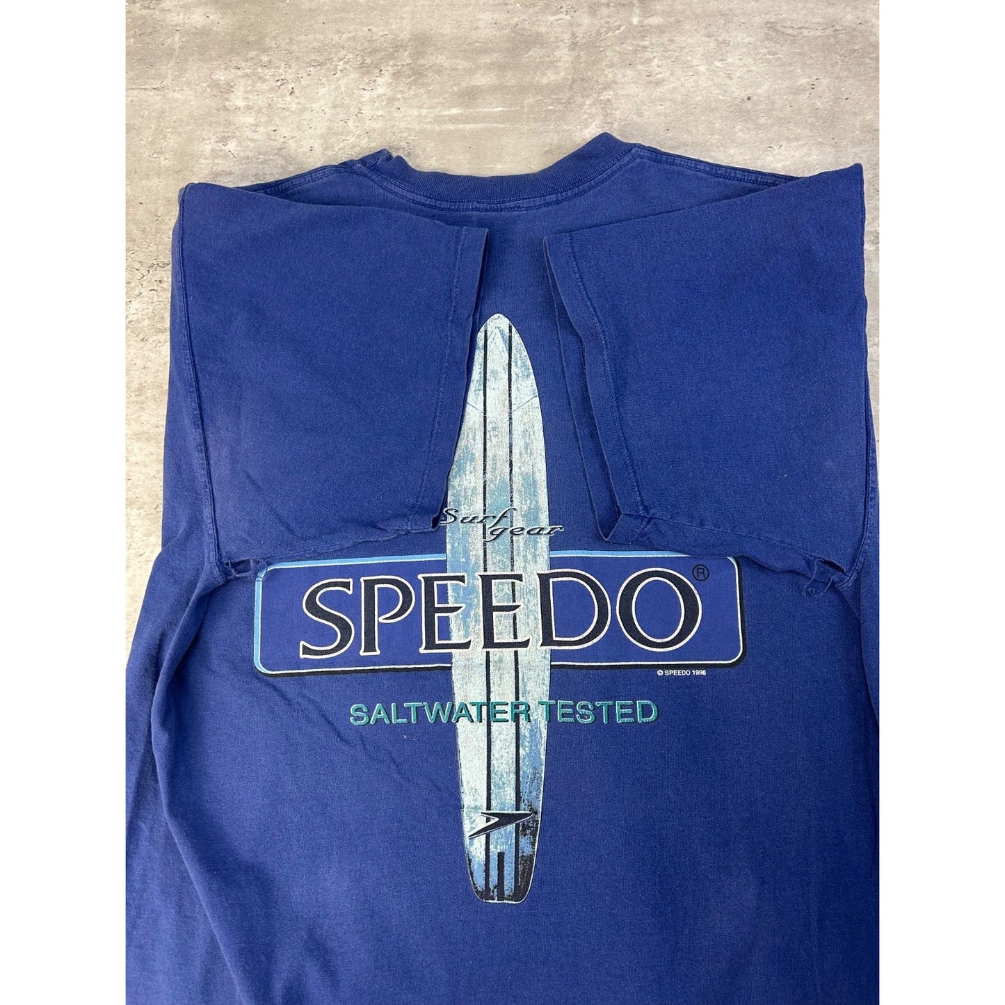 Vintage 1996 Speedo Saltwater Tested Surfing Graphic T-Shirt Size Large