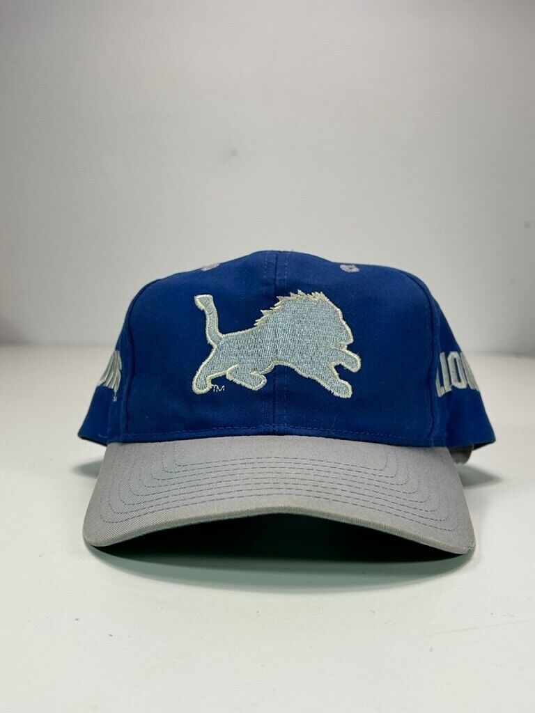 Vintage 90s Detroit Lions NFL Embroidered Logo Spell Out Snapback Hat OSFA Blue