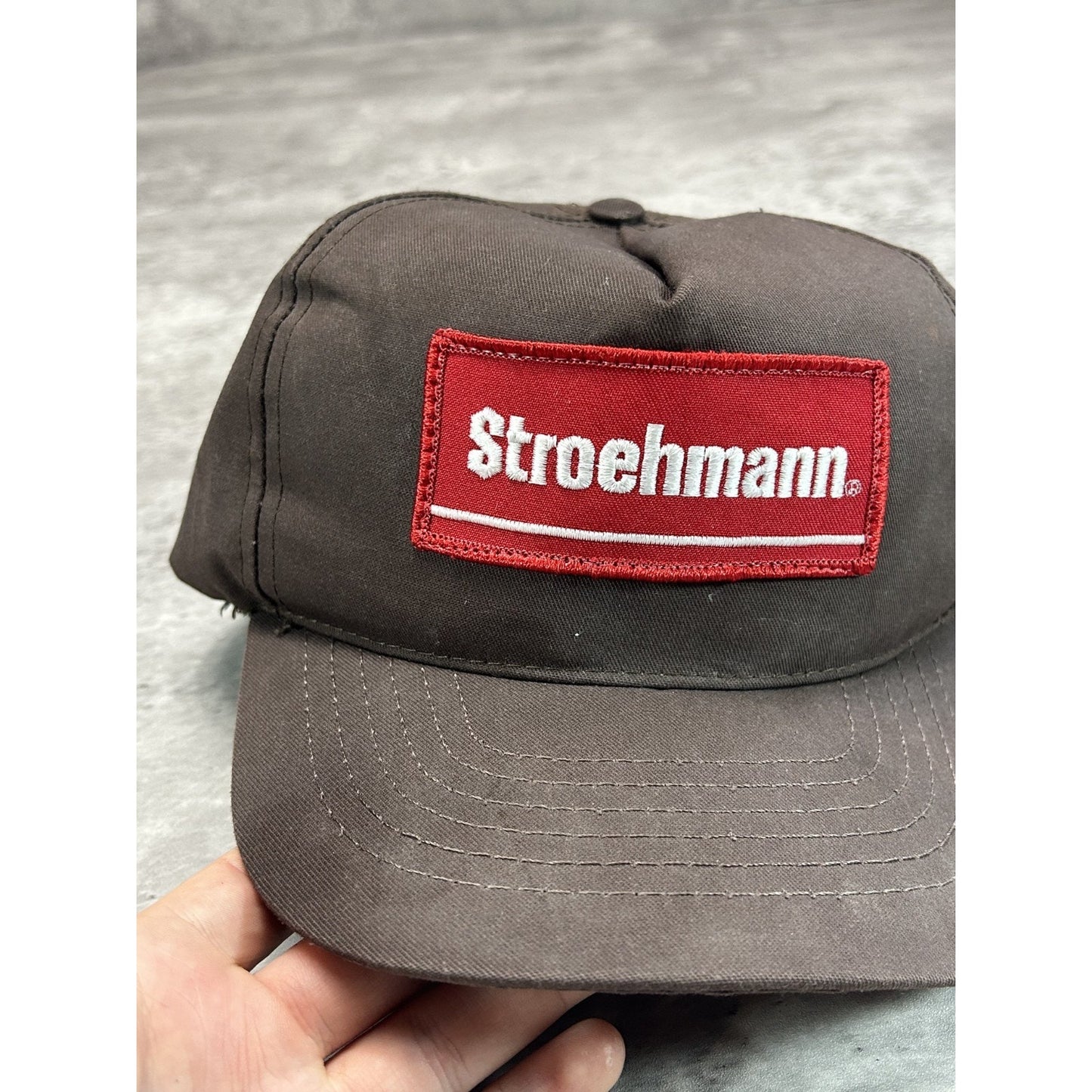 Vintage 80s/90s Stroehmann Embroidered Spellout Patch Snapback Hat OSFA Brown