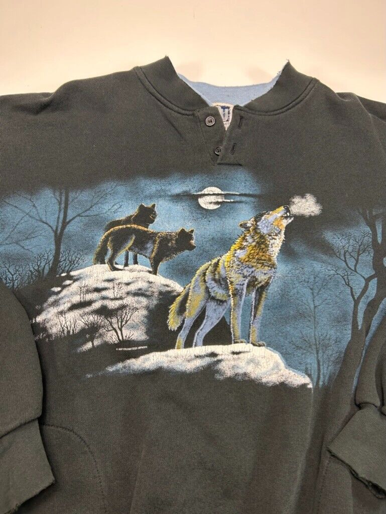 Vintage 90s Wolf Nature Forest AOP 1/4 Button Sweatshirt Size XL Black