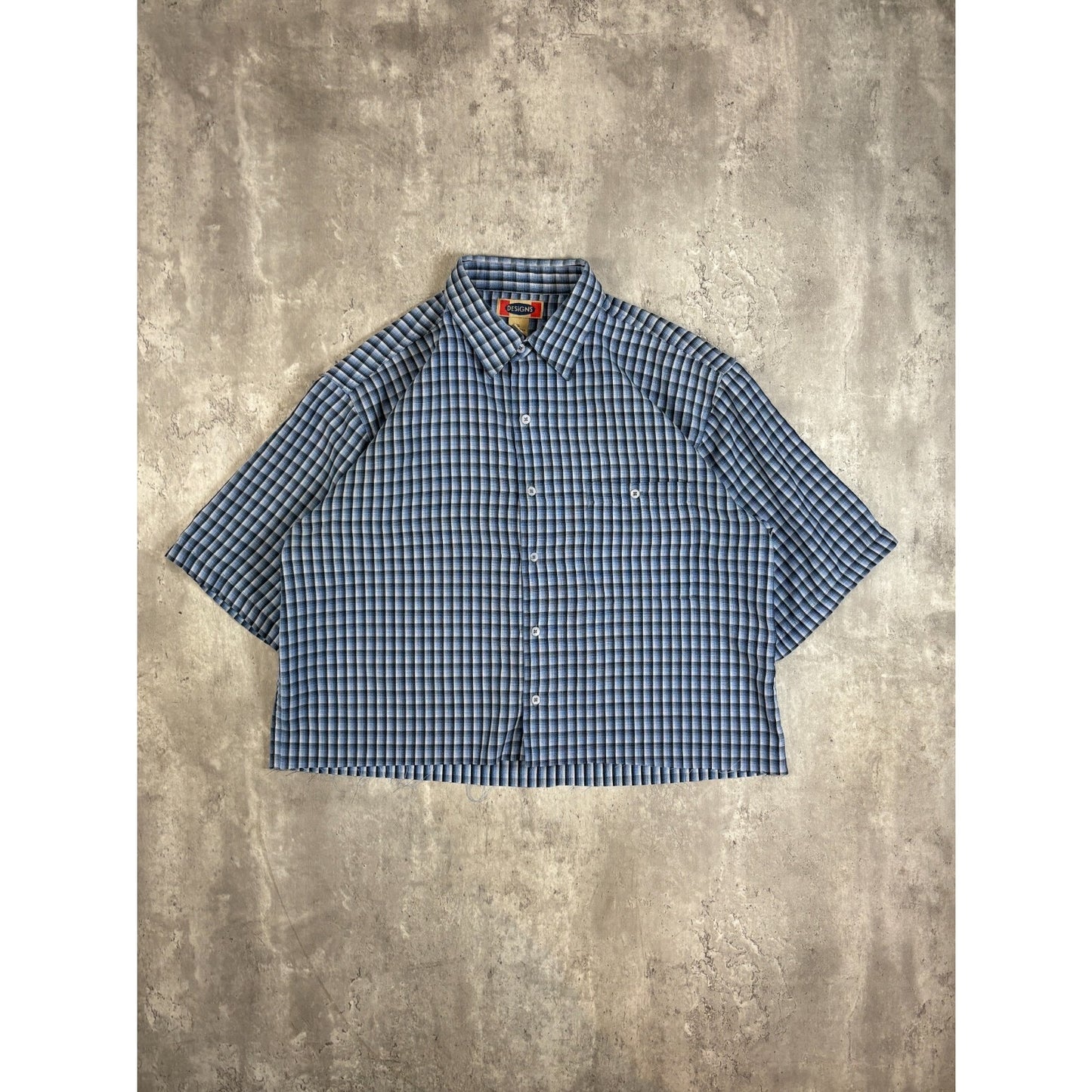 Vintage Designs Single Pocket Plaid Cropped Button Up Shirt Size XL Blue