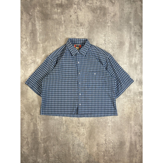 Vintage Designs Single Pocket Plaid Cropped Button Up Shirt Size XL Blue