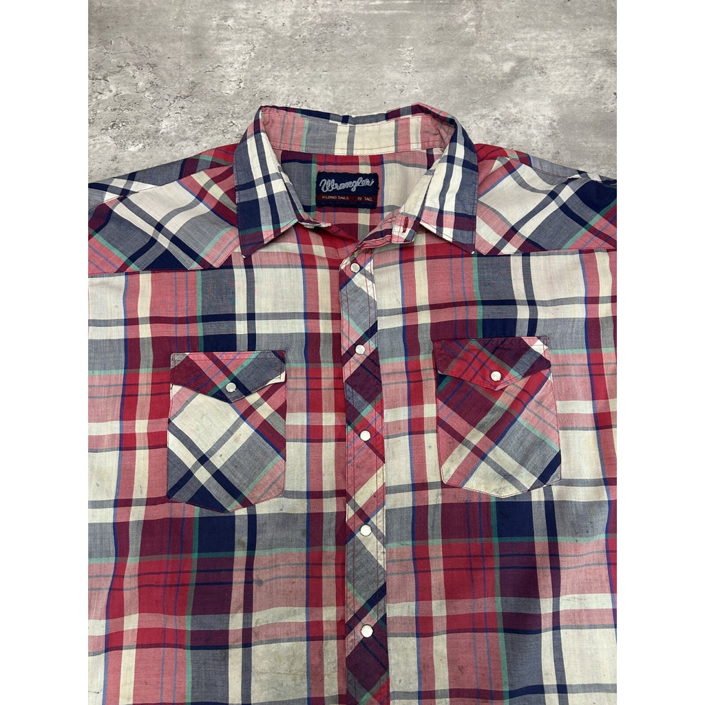 Vintage 90s Wrangler Pearl Snap Plaid Reworked Cropped Button Up Shirt Sz 2XL