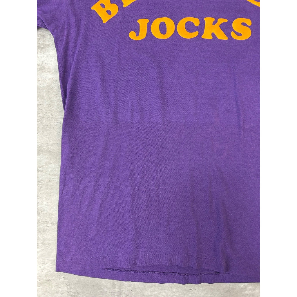 Vintage 80s Bleacher Jocks Felt Spellout Graphic T-Shirt Size Medium Purple