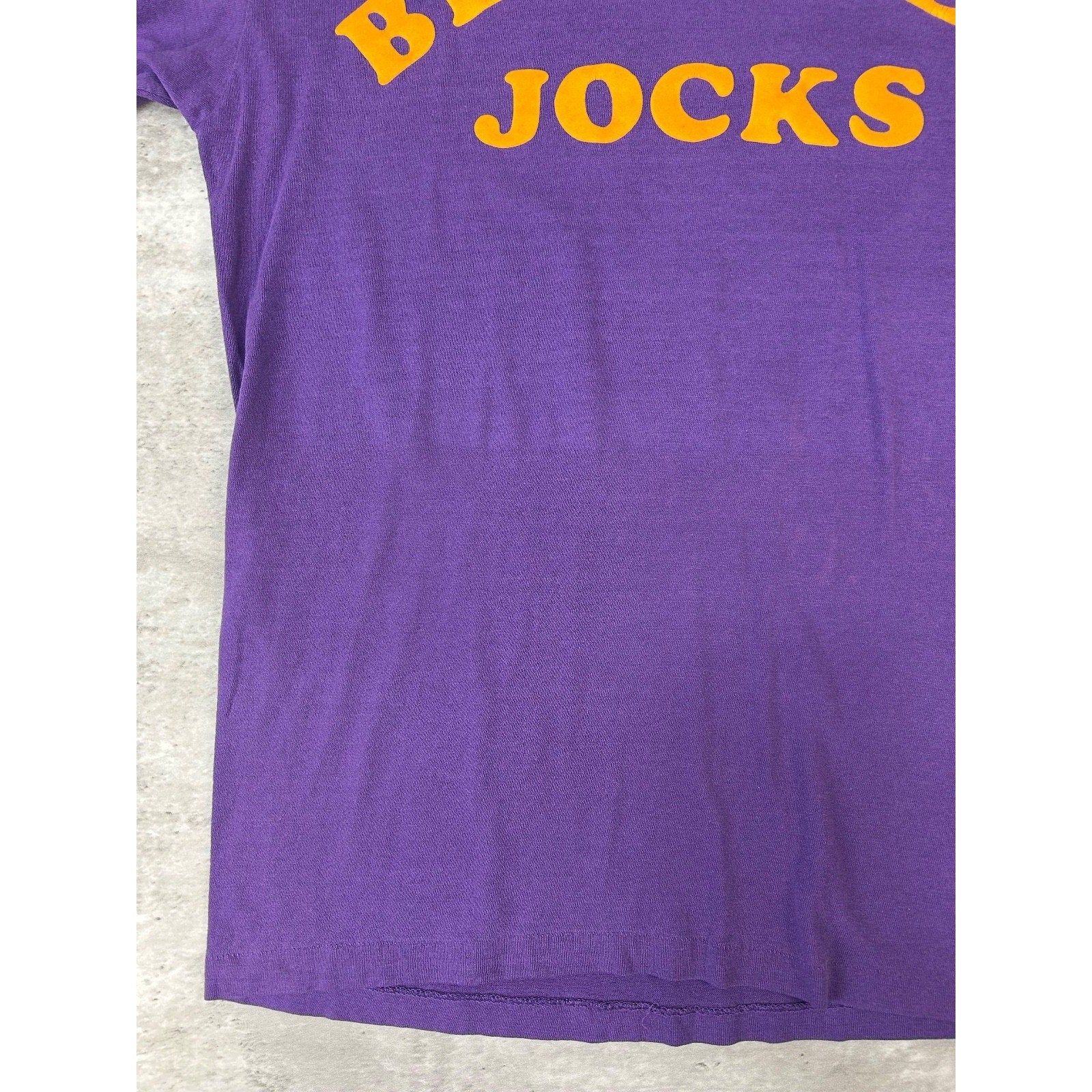 Vintage 80s Bleacher Jocks Felt Spellout Graphic T-Shirt Size Medium Purple