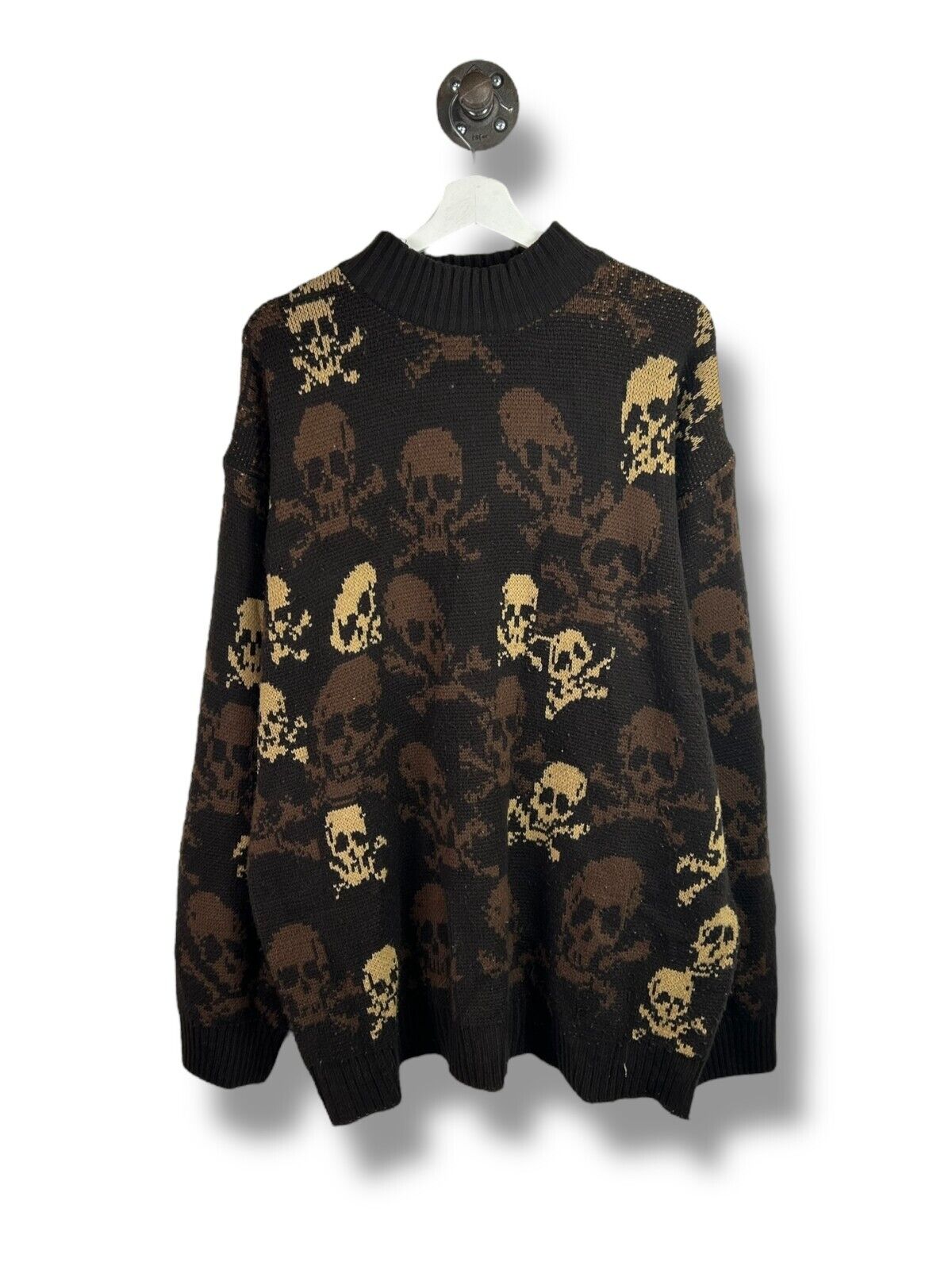 Vintage BTL Earth Tone Skull Pattern Pull Over Ribbed Knit Sweater Size XL Brown