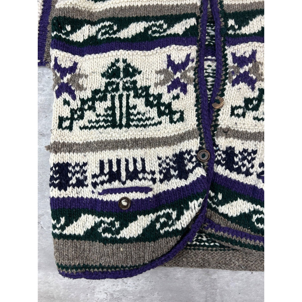 Vintage 80s/90s Rey Wear Geometric Print Cardigan Knit Sweater Size Large