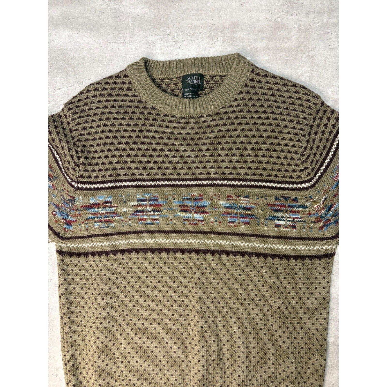 Vintage 90s South Channel Snowflake Striped Print Pullover Knit Sweater Sz Large