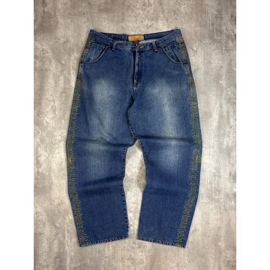 Vintage Y2K Brooklyn Embroidered Stripe Dark Wash Denim Pants Size 38 Blue