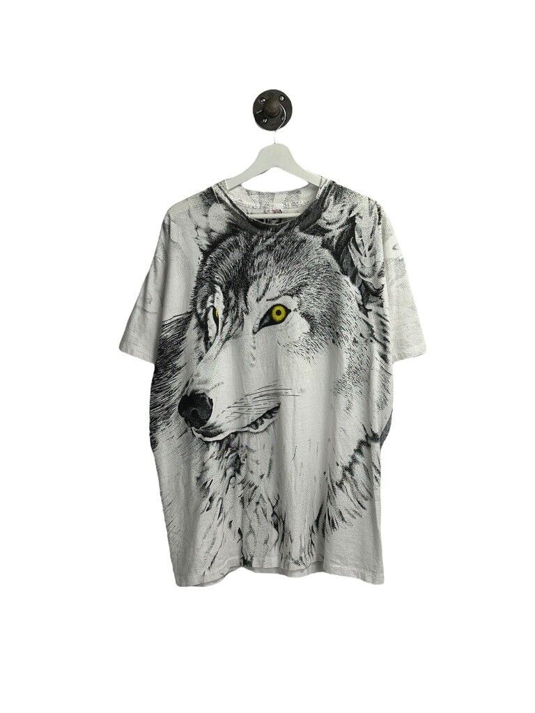 Vintage 90s Wolf Nature Graphic All Over Print T-Shirt Size XL White