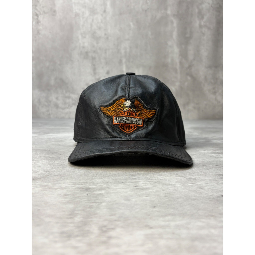 Vintage Harley Davidson Embroidered Bald Eagle Logo Leather Strapback Hat OSFA