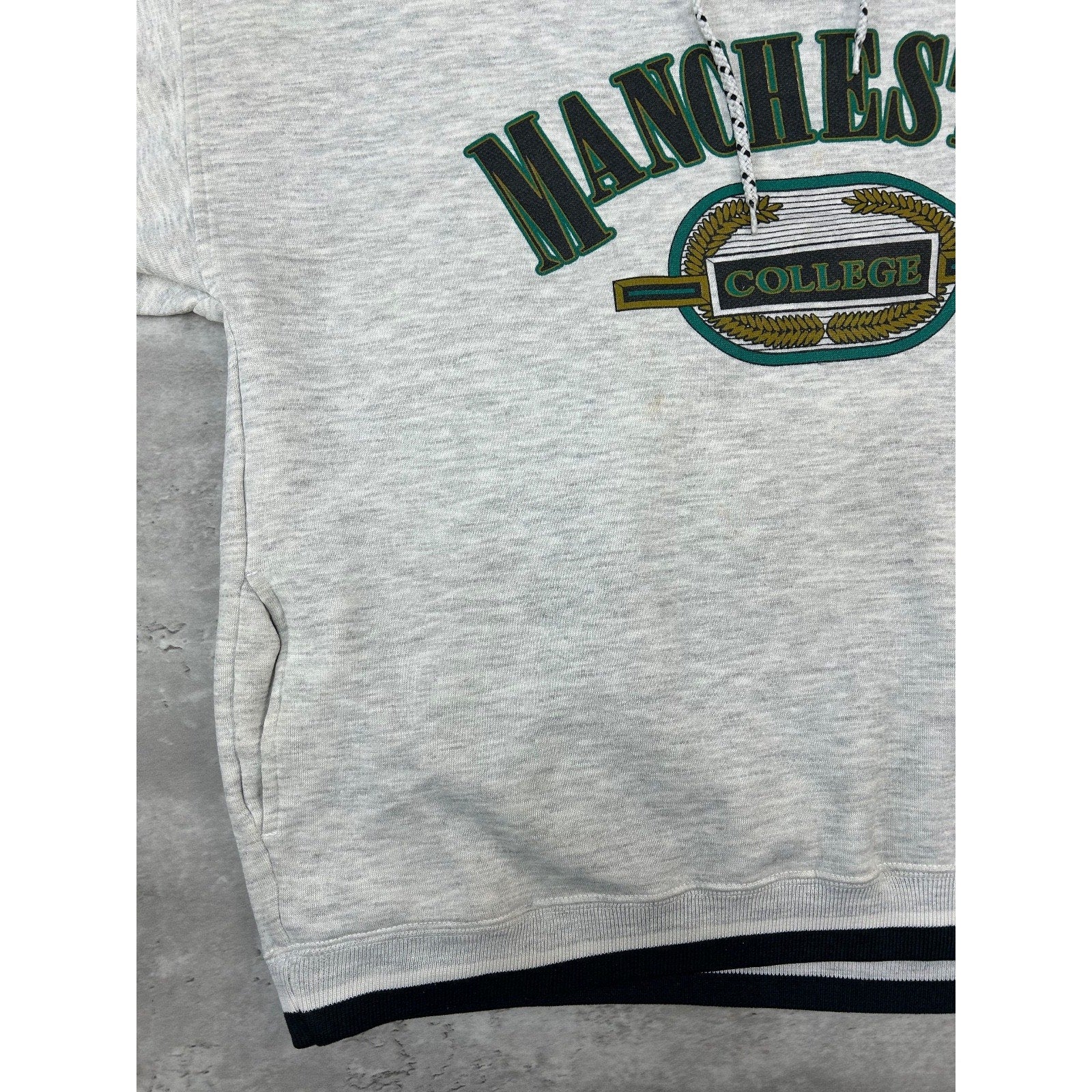 Vintage 90s Manchester College Collegiate Spellout Hooded Sweatshirt Size XL