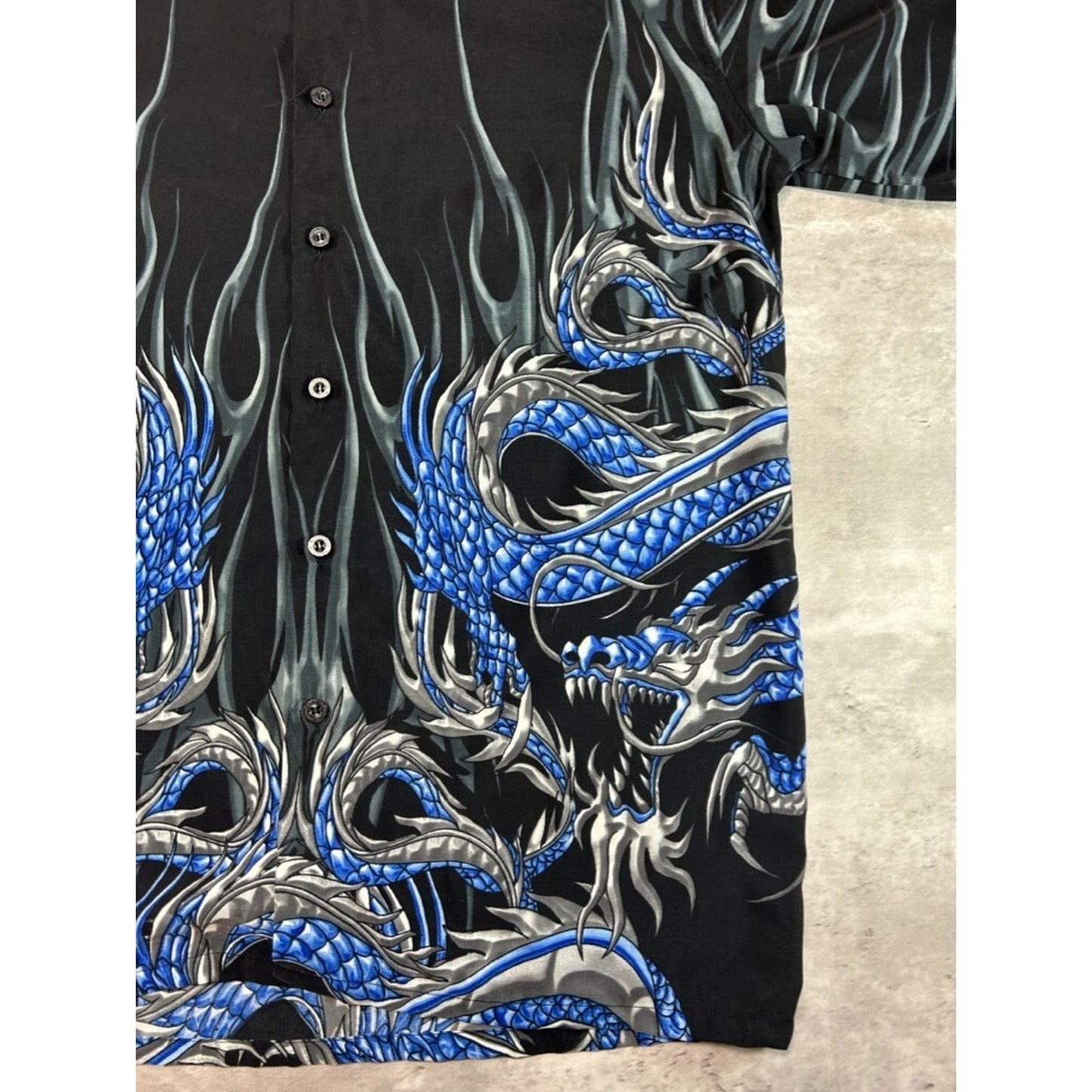 Vintage Y2K Flame Dragon All Over Print Short Sleeve Button Up Shirt Size Medium