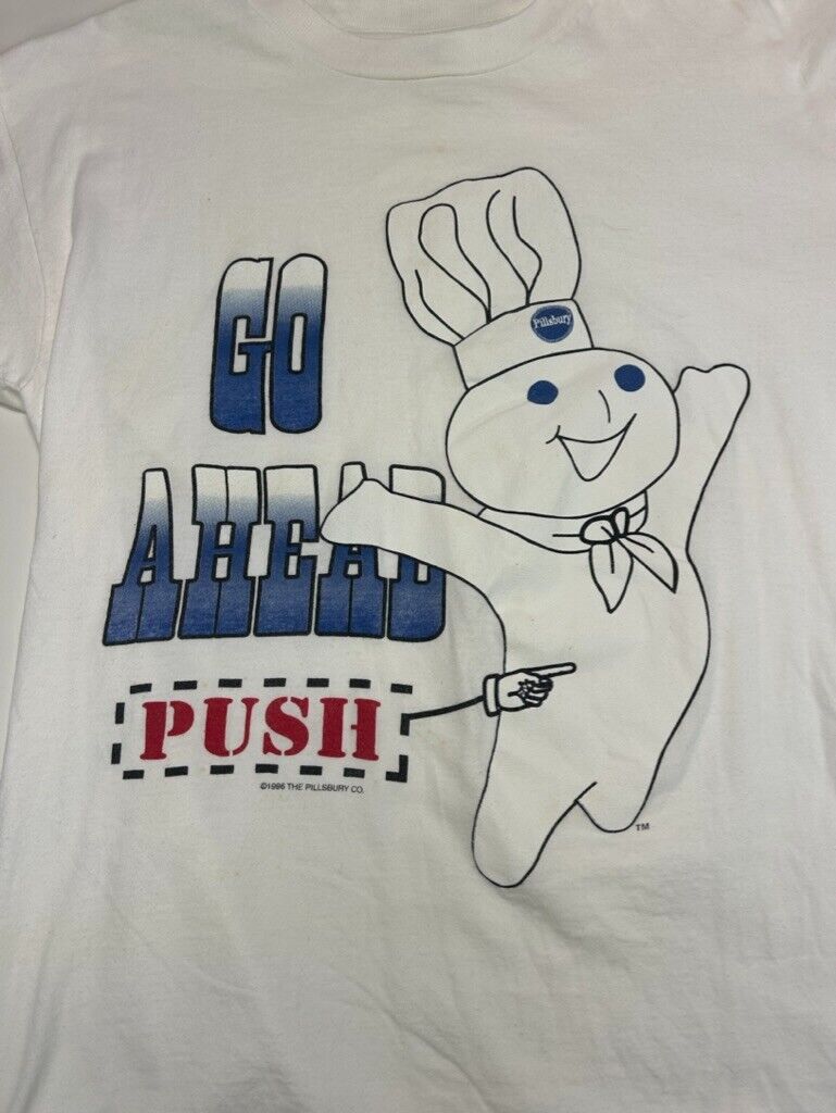 Vintage 1996 Pillsbury Doughboy Go Ahead Push Graphic Spellout T-Shirt Size M