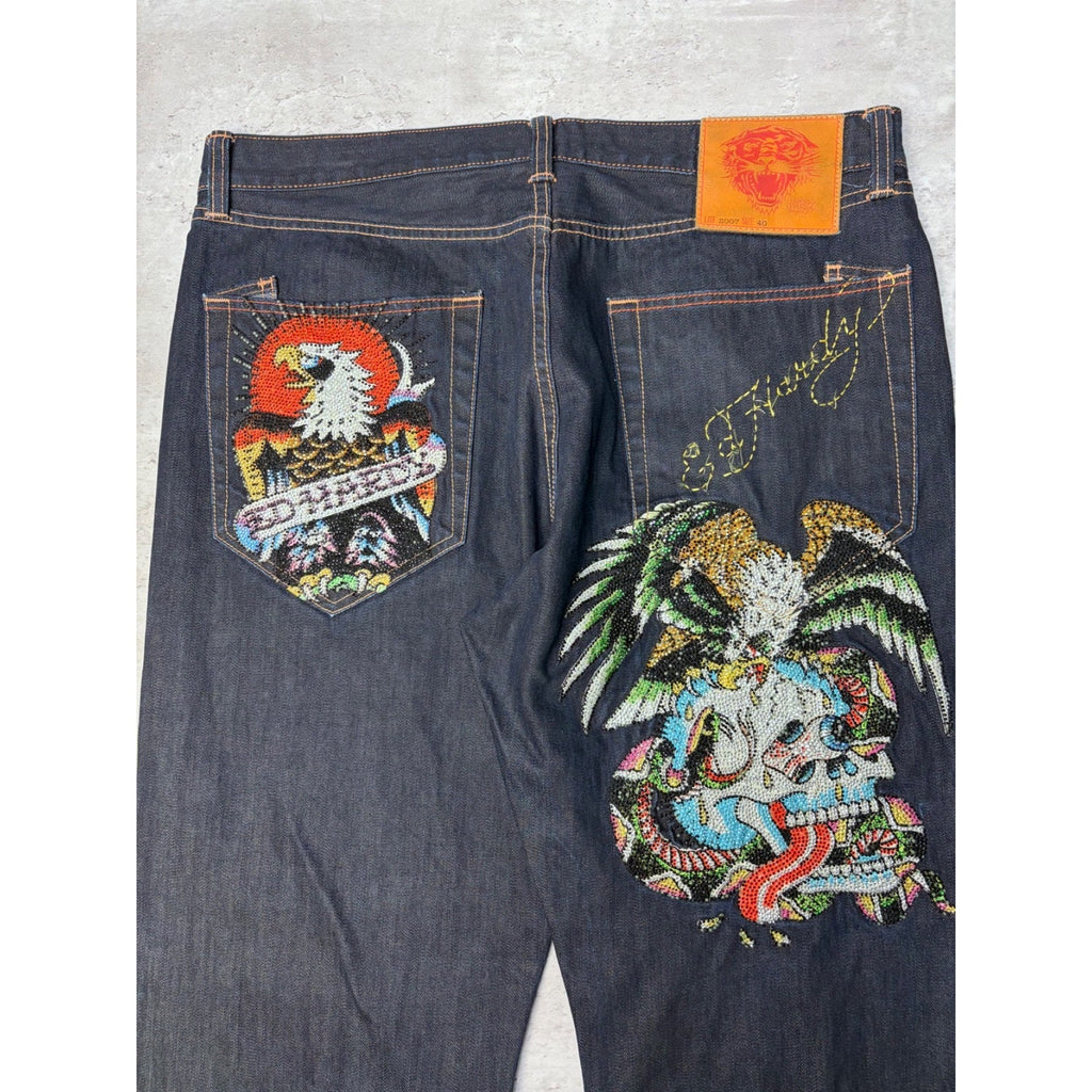 Vintage Y2K Ed Hardy Bedazzled Skull Graphic Dark Wash Denim Pants Size 40