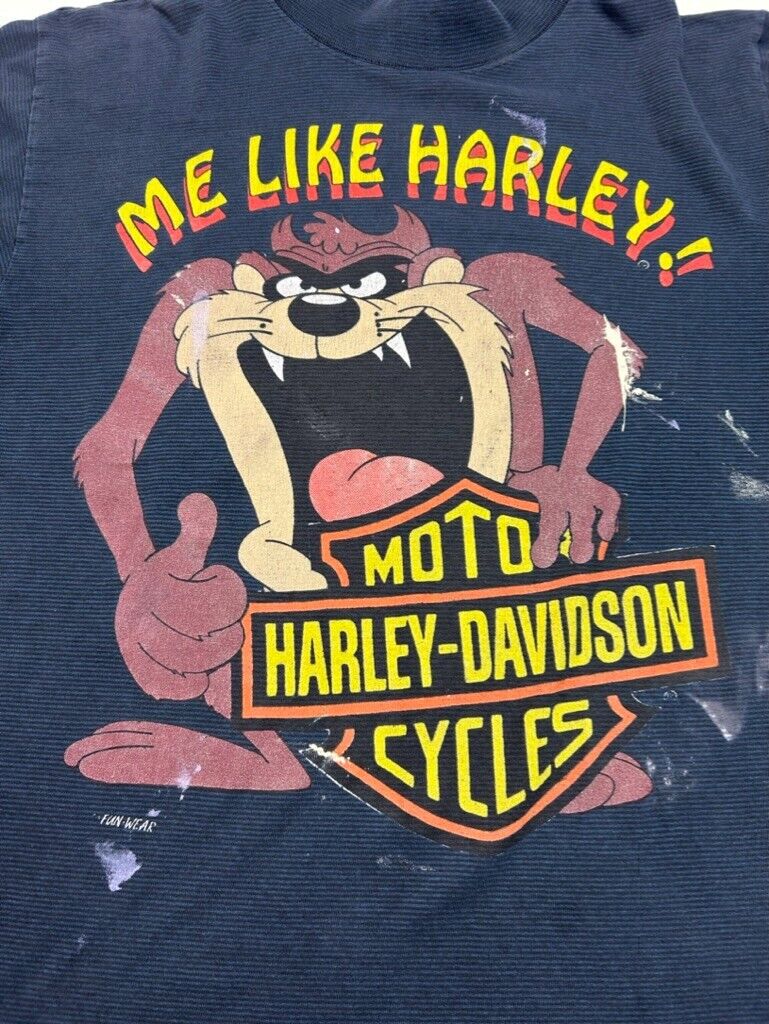 Vtg 90s Looney Tunes Taz Harley Davidson Cartoon Graphic Mockneck T-Shirt Large