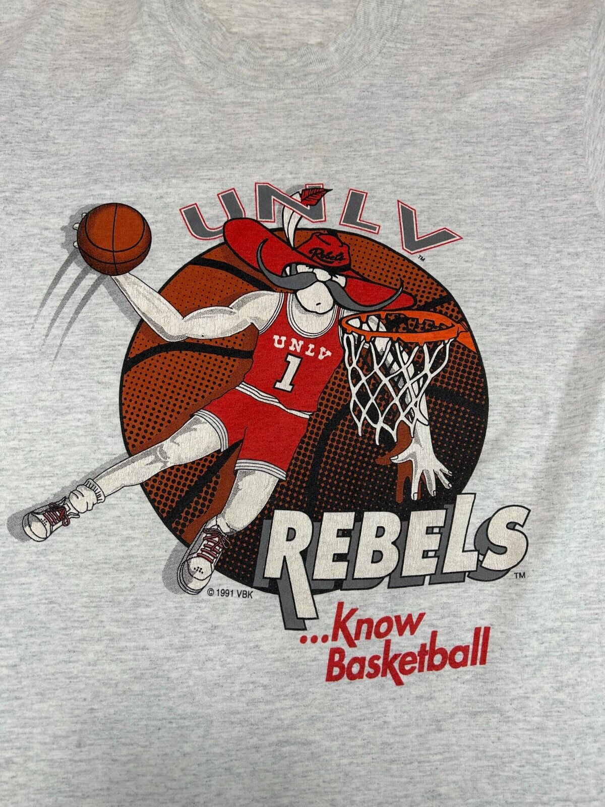 Vintage 1991 UNLV Rebels NCAA Mascot Graphic Basketball T-Shirt Size Medium