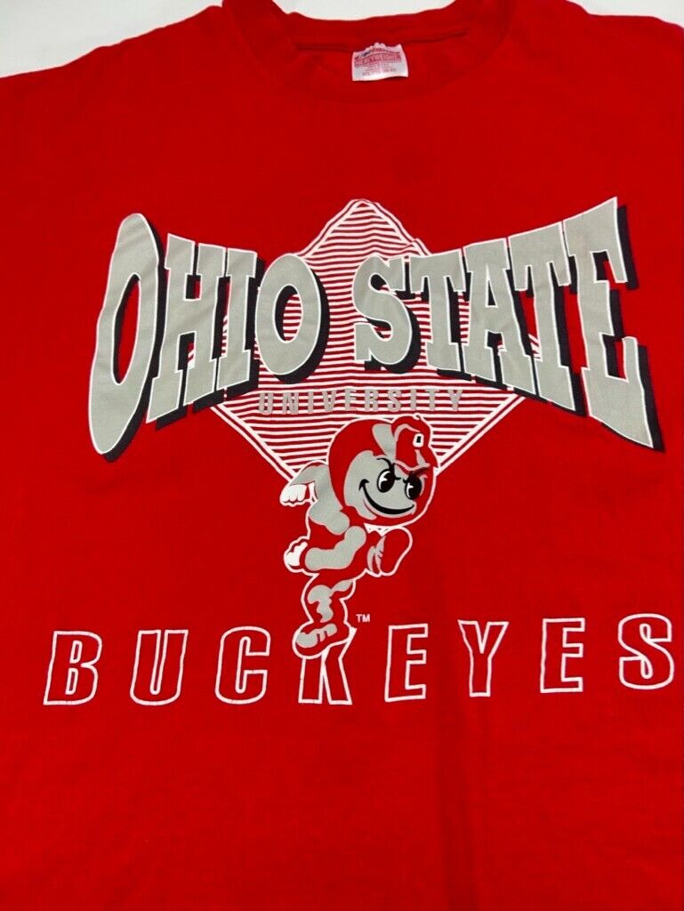 Vintage 80s/90s Ohio State Buckeyes NCAA Mascot Graphic Spellout T-Shirt Sz 2XL