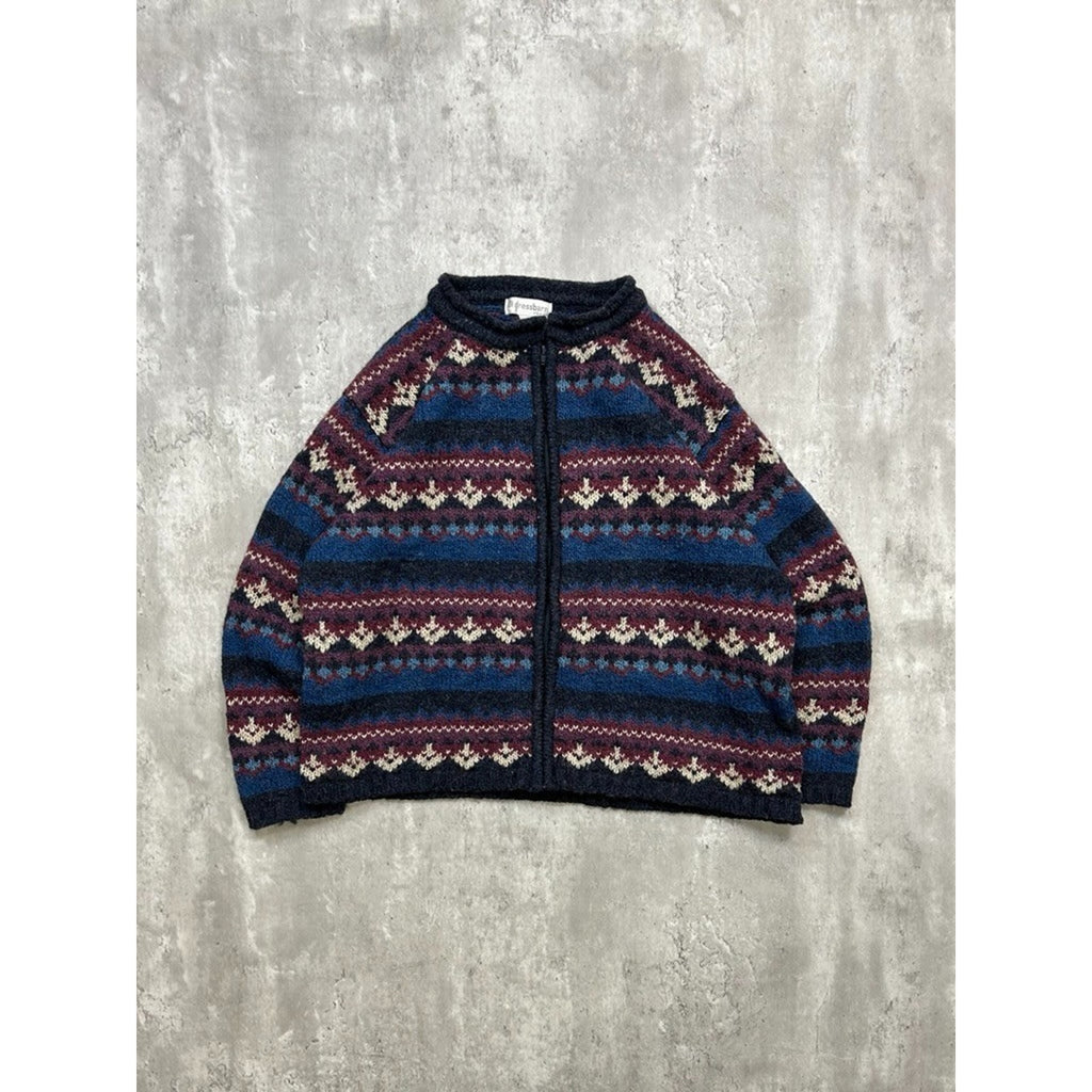 Vintage 90s Dress Barn Abstract Striped Full Zip Knit Sweater Size XL